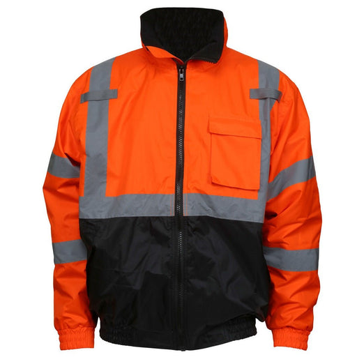 Two Tone Value Bomber Jacket, Class 3, Quilted Rain Jacket, Fluorescent Orange / Black with Silver Reflective Stripes - BHP Safety Products