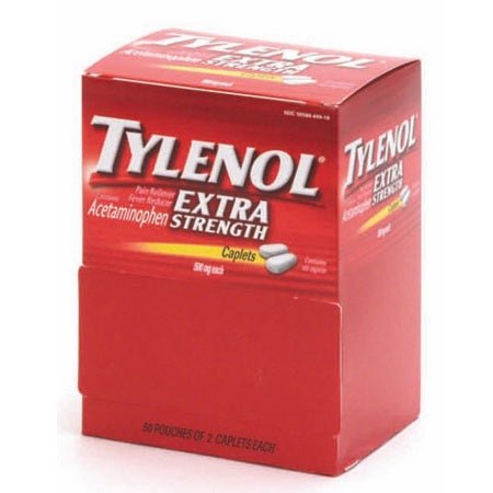 Tylenol Extra Strength 500mg Acetaminophen Caplets, Pain Reliever / Fever Reducer, 50 Pouches (2 Caplets per Pouch) - BHP Safety Products